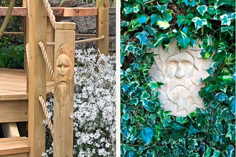 Bespoke wood-spirit and green-man carvings designed for Forest Wild Treehouses.