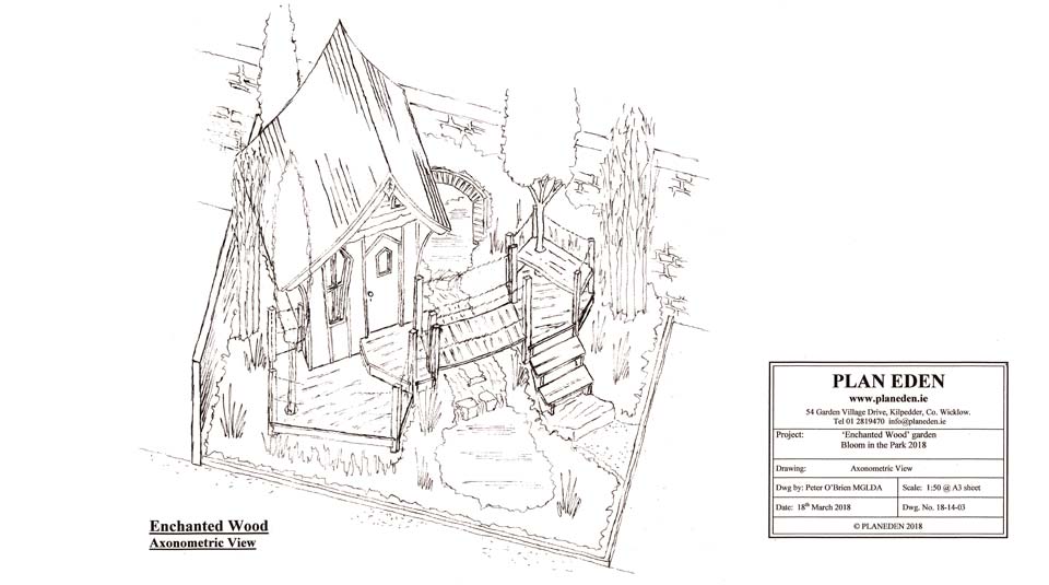 Bespoke treehouse drawing for show garden, Bloom 2018