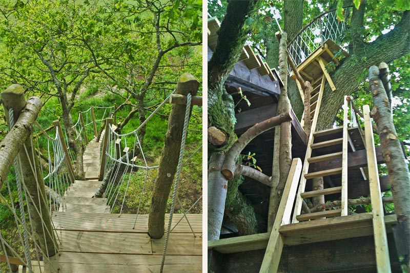 A combination of ladders, trap doors and a rope bridge adds adventure to the children’s treehouse